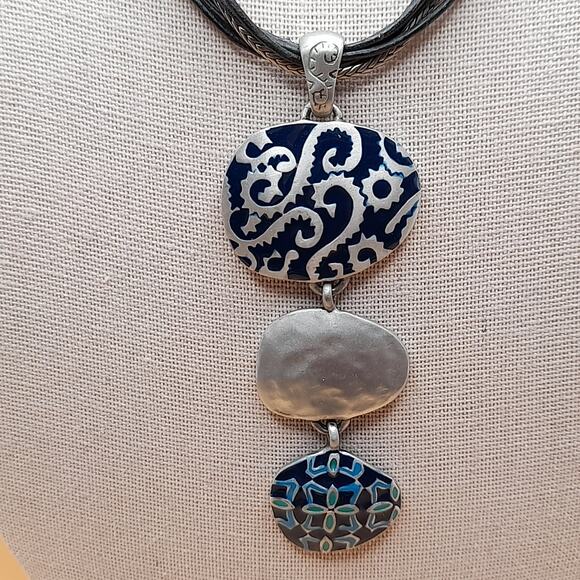 Chico's Blue Enamel Pendant Necklace, Leather Cords, 20 Inch - Picture 3 of 10